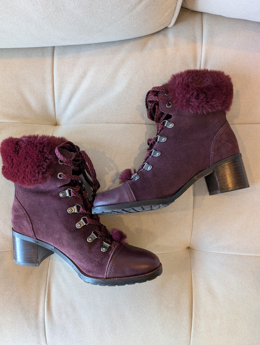 Sam Edelman Burgundy Suede Lace-Up Block Heel Fur Cuff Boots